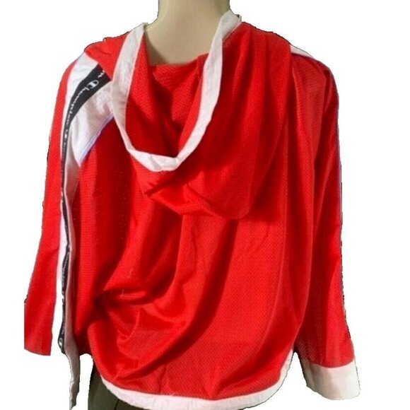 Champion XL Red Logo White Striped Drawcord Hem 3/4 Zip Sleeve Crop Hoodie Top - Picture 4 of 5